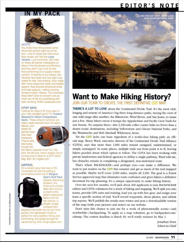 Backpacker Magazine editor call for CDT mapping project volunteers